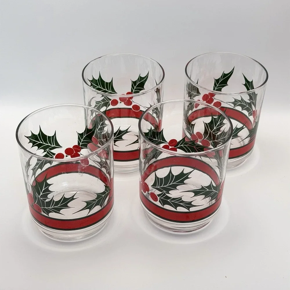 4 Vintage Libbey Holly Berry Christmas Glasses Lowball Tumblers Holiday Season‎